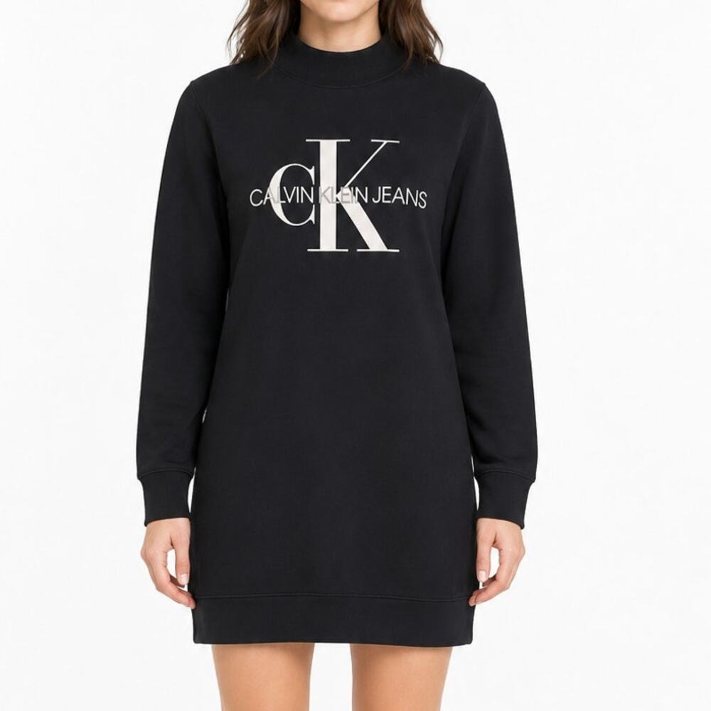 Calvin Klein Jeans NWT Logo Sweatshirt Dress Black Mock Neck Womens Large L Mini